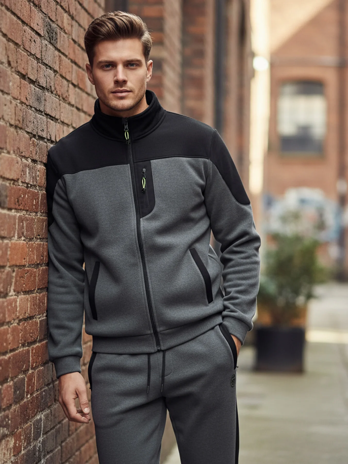 Men's Fleece-Lined Color-Blocked Stand-Collar Sports Jacket Two-Piece Set Drawstring Jogger Pants Casual Sportswear Versatile Set for Fitness, Walking, Commuting, and Home Use - view 2