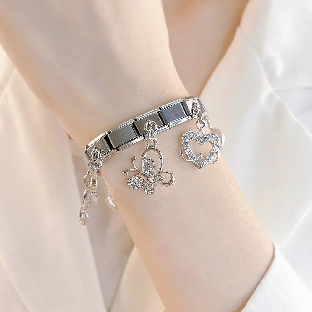 Hapiship Fashion New Romantic Heart Cherry Shiny CZ Italian Charm Link Fit 9mm Bracelet Stainless Steel Making DIY Jewelry DJ605
