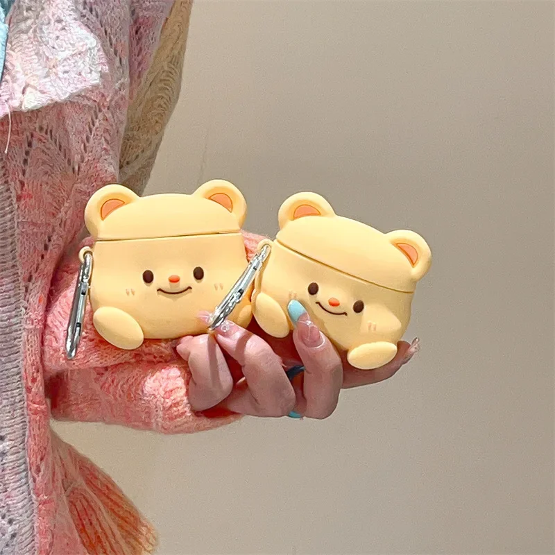 Funda amarilla de oso de dibujos animados para AirPods 4, Airpod 1, 2, 3 Pro Pro2, auriculares Bluetooth, caja de carga, funda protectora para auriculares