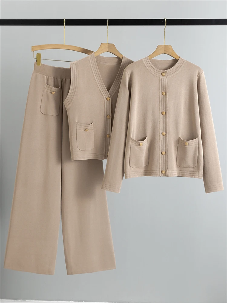 

Knitted cardigan top women's autumn and winter high-end sweater jacket high waist slimming wide leg pants set