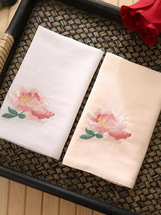 Chinese Traditional Hanfu Style Peony Embroidered 100 Cotton Handkerchief Soft Absorbent Square Towel For Men Women Portable Vin