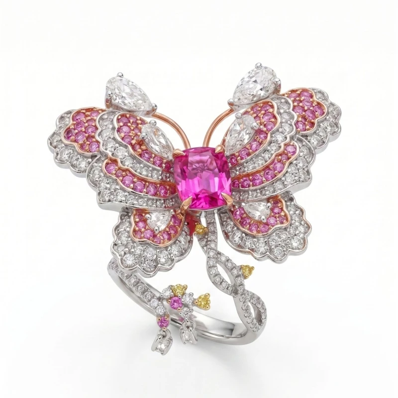 Bellux Luxury Lab Grown Yellow Pink Sapphire Open Ring for Women S925 Silver Sweet Butterfly Real K Gold Plated Rings