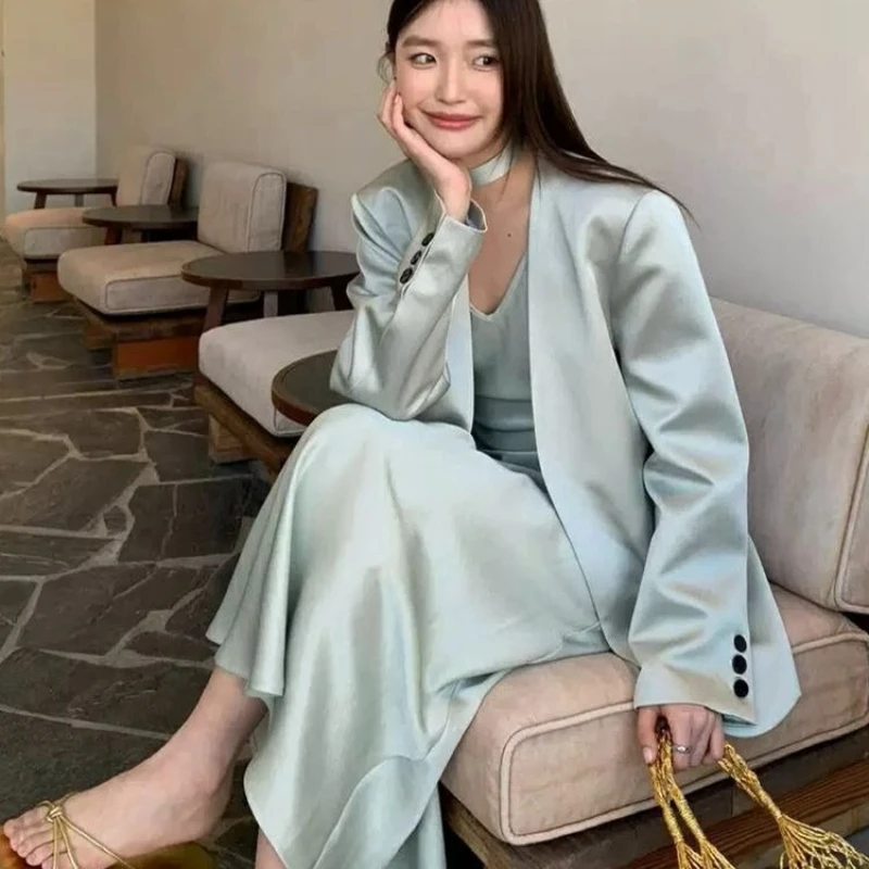 

Spring and Fall New Korean Blazer Dress Set Women's High-end Sundress Two-piece Ins Temperament Commuting Long Sleeve Dress Sets