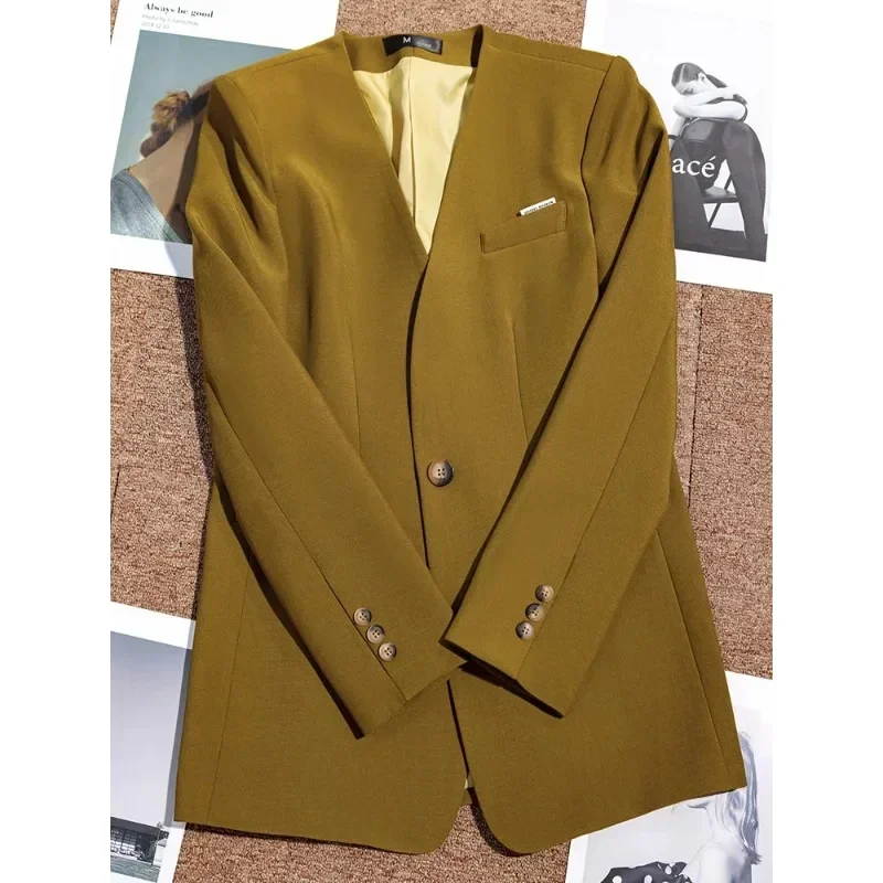 Blazer Formal wanita, jaket kerja bisnis wanita leher V lengan panjang musim gugur dan dingin, Blazer Formal wanita kuning merah muda