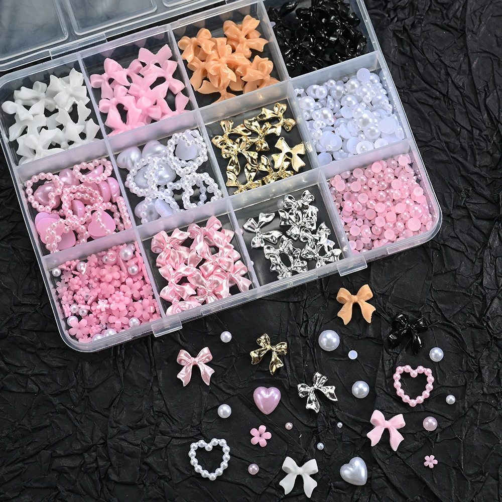 12Grids 3D Multi-Colors Ribbon Flower Nail Art Charms Simulated Perals Love,Metal Bowknot Nail Decoration DIY Manicure Accessory image 5