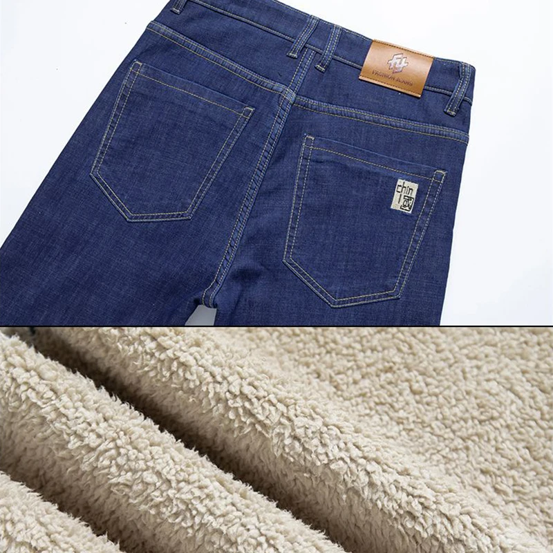 Männer Winter Fleece Gefüttert Verdickte Warme Jeans Männlichen Mode Lose Gerade Denim Hosen Smart Casual Slim Fit Hosen