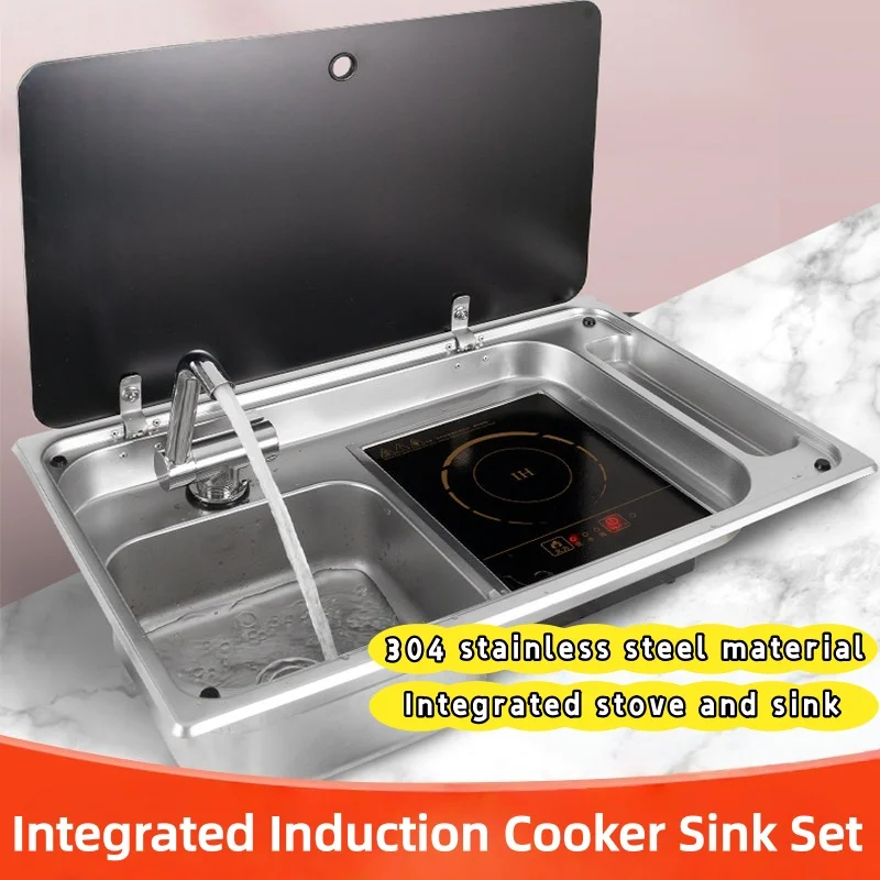 

RV Stainless Steel Sink And Induction Cooker Combination Unit With Tempered Glass Lid with faucet For Caravan Motorhome Yacht