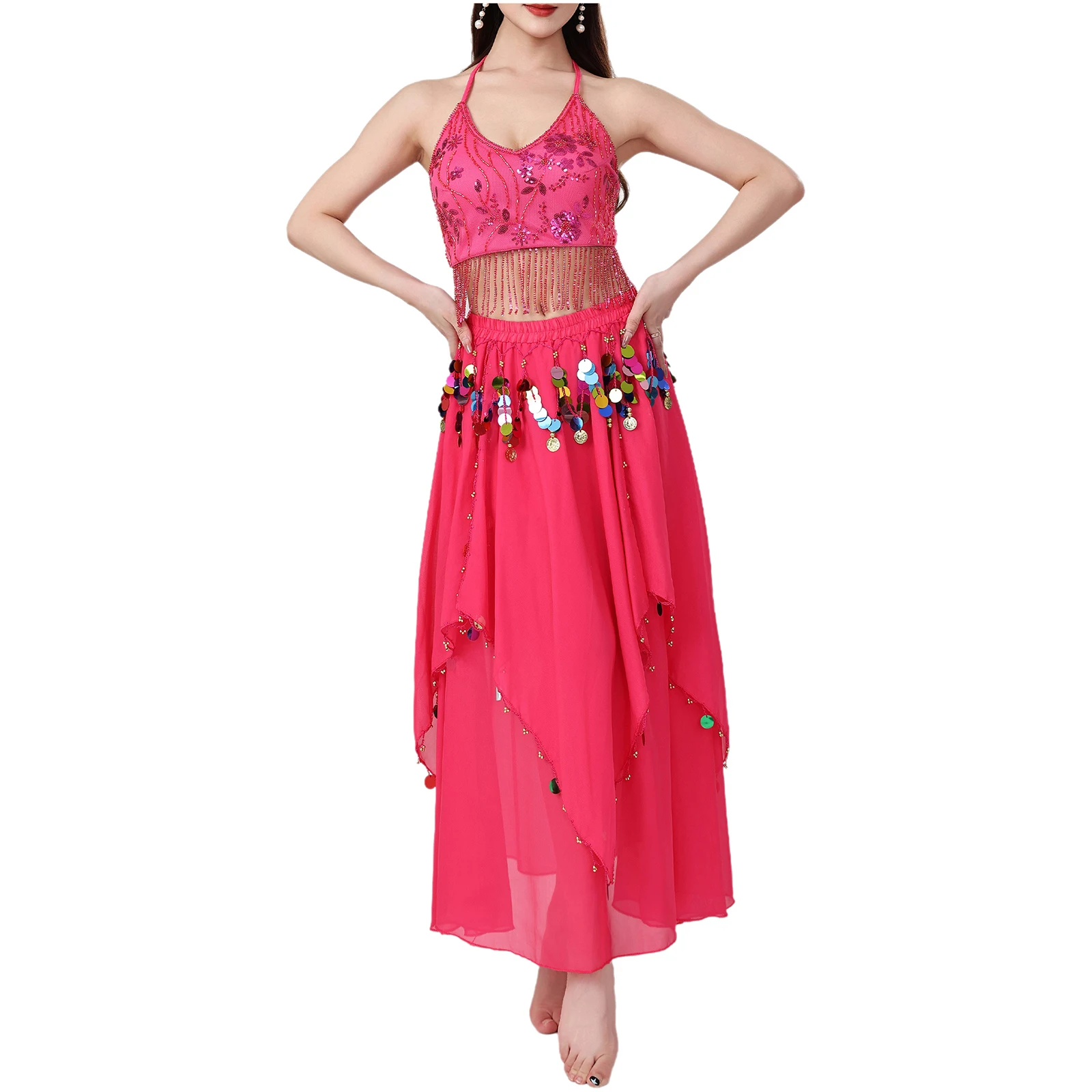 

Womens Belly Dance Costume 2 Piece Set Sequin Fringe Crop Top with Chiffon Skirt for Stage Ballroom Dance Performance Dancewear