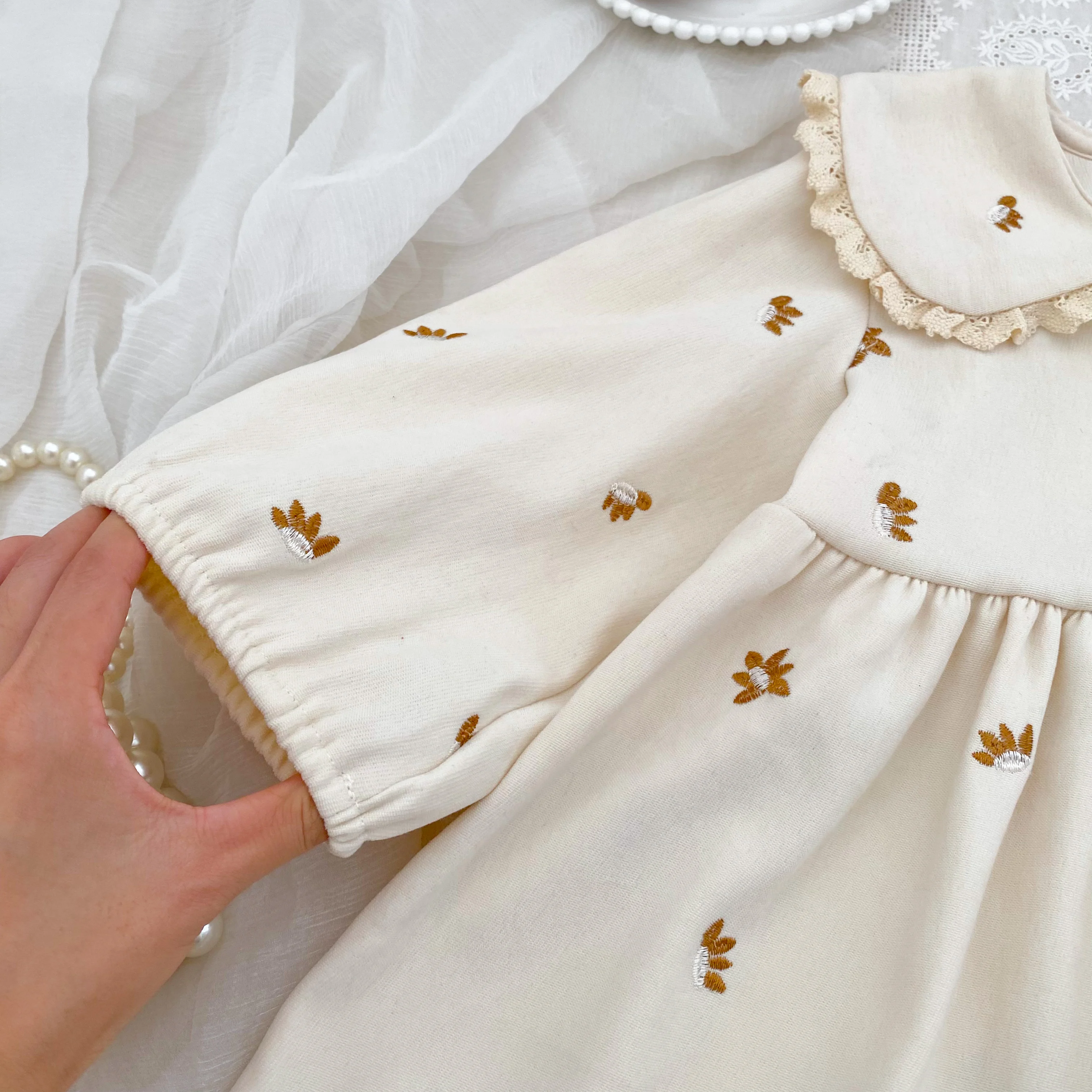 2026 Baby-Mädchen-Kleid mit langen Ärmeln, koreanischer Stil, Kragen, Spitze, Blumenstickerei, Baumwolle, Kleinkind-Prinzessinnenkleid, Herbst-Kinderkleidung – Detail 10