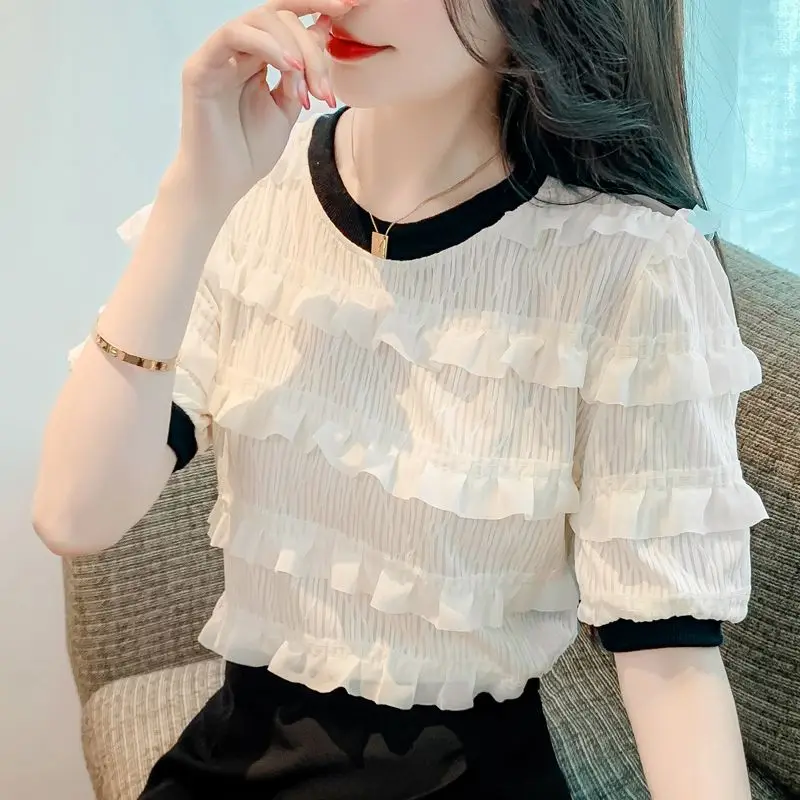 2023 New Summer Fashion Trend Round Neck Girls\' Feeling Wood Ear Fold Contrast Color Short Sleeve Top Fresh Sweet Casual Shirt