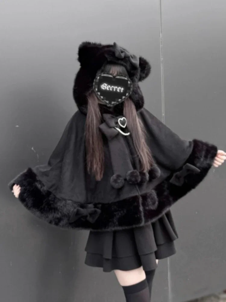 Design Bow Hooded Patchwork Kawaii Cope Coat Harajuku Warm Sweet Fur Collar Coat Winter New Japanese Lolita Cloak Overcoat Women