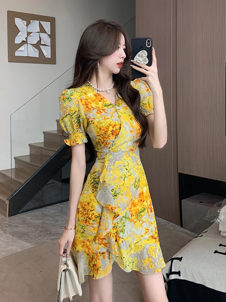 Summer Chiffon Short Dress Women Clothes Elegant Pretty Vintage Boho Print Casual Short Sleeve Wrap Hip Mini Beach Mujer Vestido