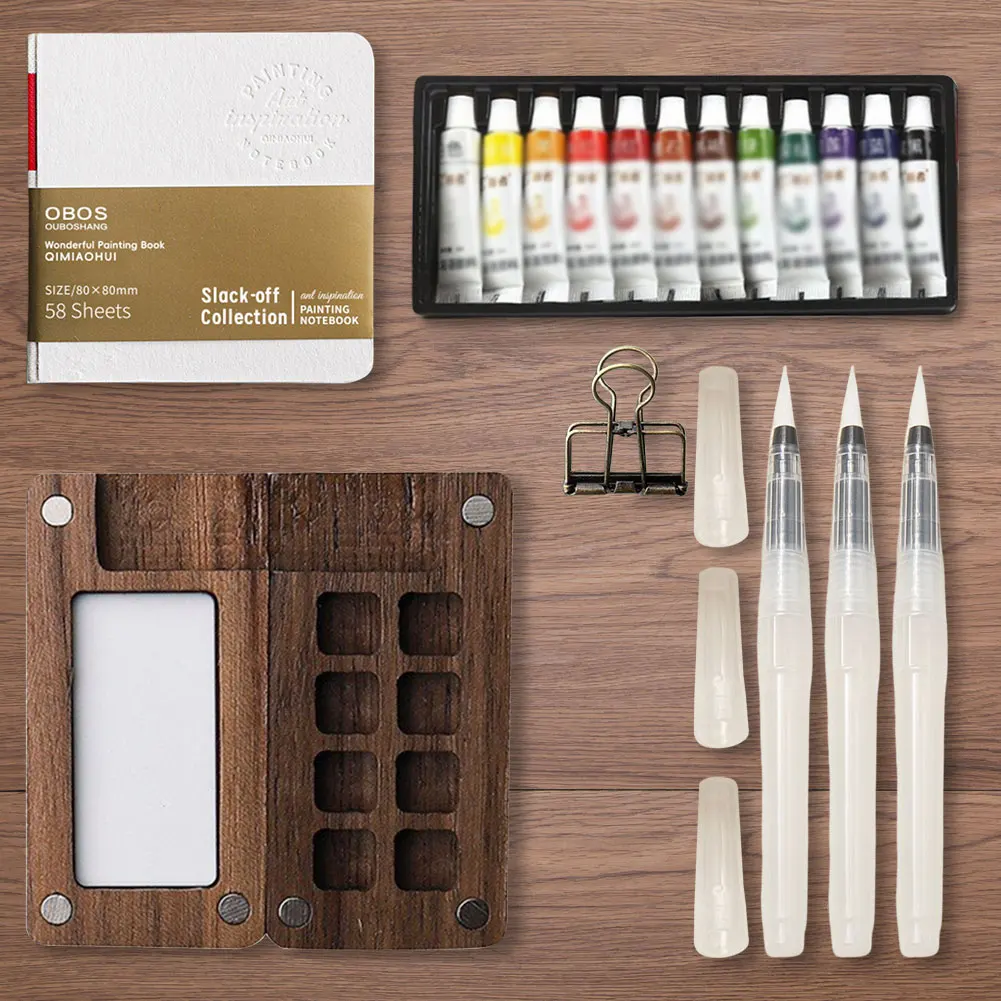 Conjunto de paleta de aquarela com caixa de pintura de madeira mini conjunto de paleta de pintura de viagem com clipes de pasta conjunto de pintura de aquarela para amantes da arte
