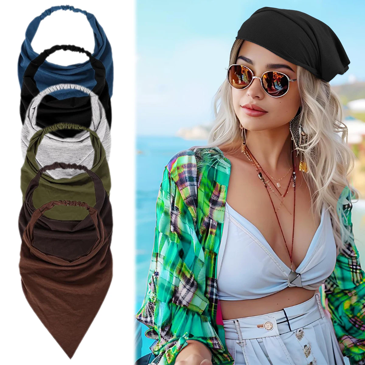 

6 упаковок, женские треугольные повязки на голову, летние повязки-тюрбаны для волос для женщин, эластичные богемные треугольные повязки на голову, нескользящие повязки на голову