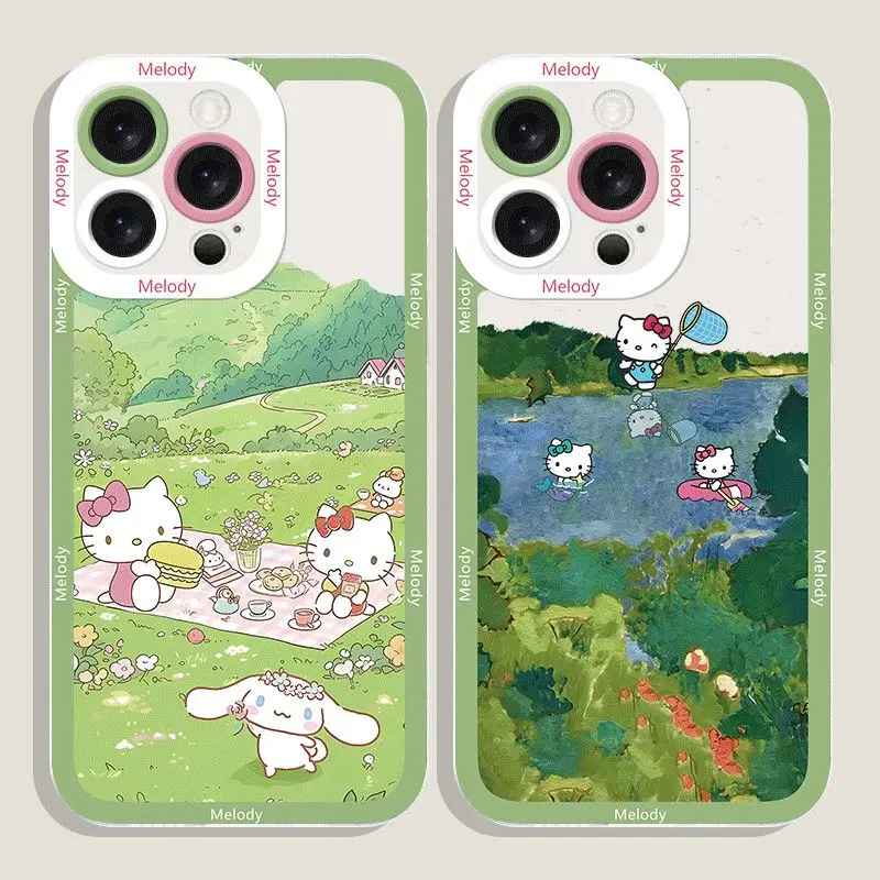 Sanrios Hello Kitty เคสโทรศัพท์สำหรับ iPhone 15 14 13 11 12 Pro Max PLUS x XR XS 7 8 PLUS เคส Y2k ป้องกันโทรศัพท์กันตกสำหรับเด็กผู้หญิง