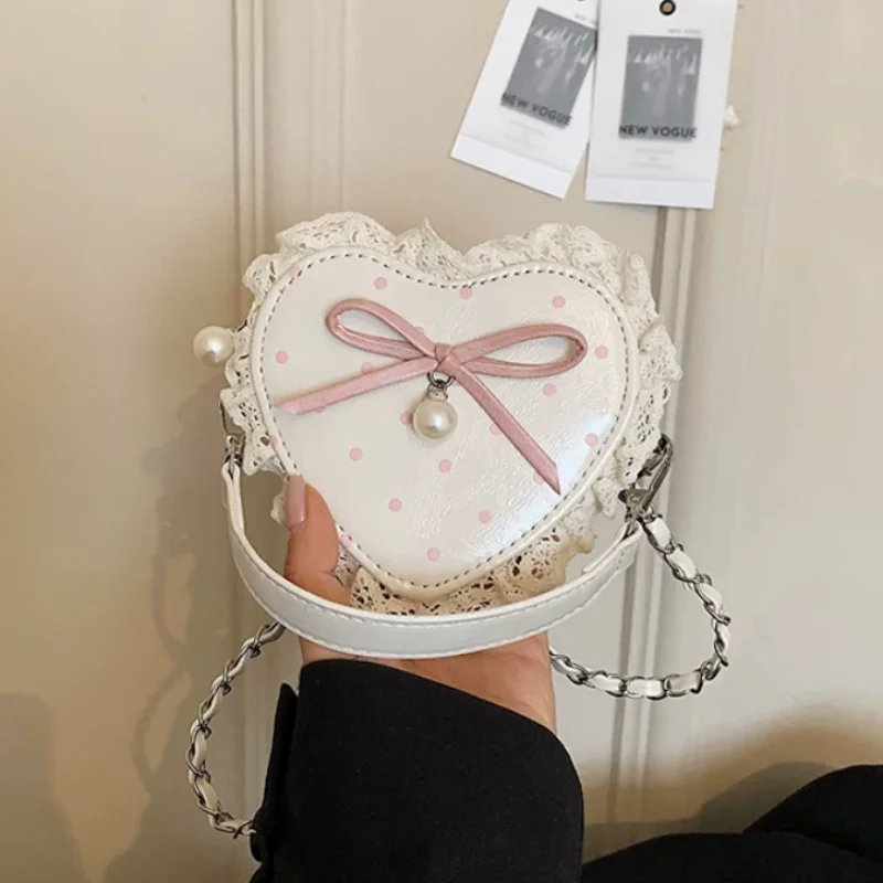 

Cute Heart Shape Kids Crossbody Bag Lace Ruffle Edge Polka Dot Mini Shoulder Bag With Bow Pearl Decor Small Coin Purse Handbag