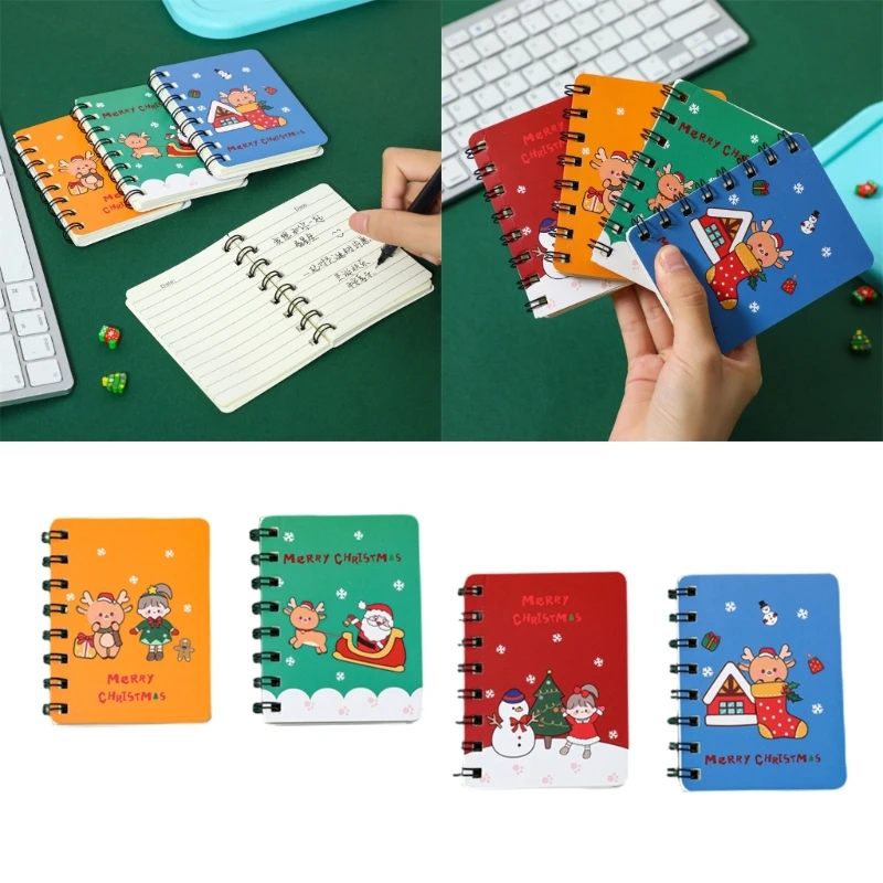 

Pack of 4 Mini Chritmas Notebook Twin-coil Binding Small Notebooks Pocket Writing Pad for Student Writing Journaling 896C