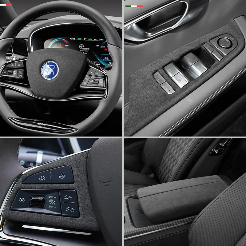 

Italian Suede Overlays Interior For BYD Han EV DMi DMp 2020-2025 Car Steering Wheel Trim Cover Center Console Gear Shift Panel