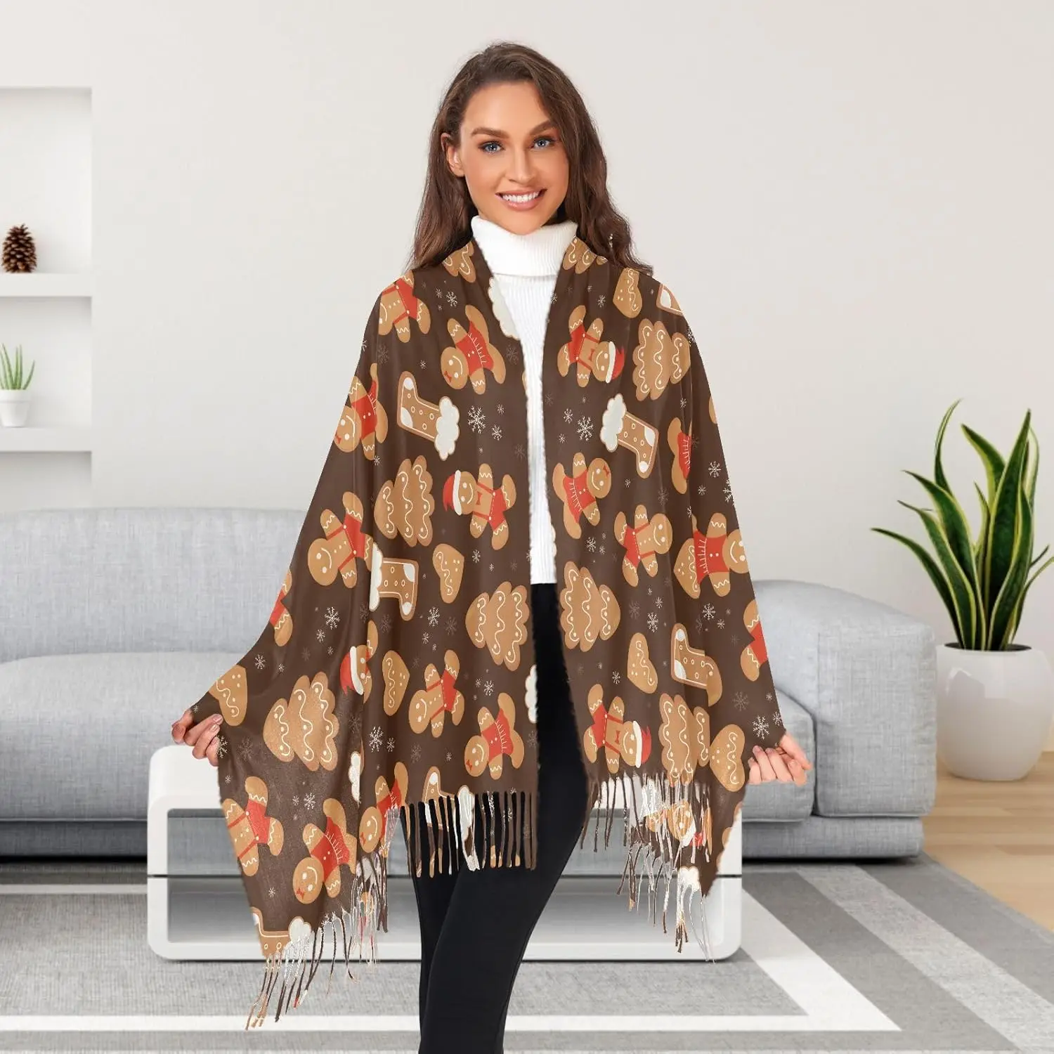 

Women's Christmas Gingerbread Cookies Scarf Pashmina Feel Shawls Wraps Fall Winter Warm Large Scarves Fashion Tassel Long Scarf
