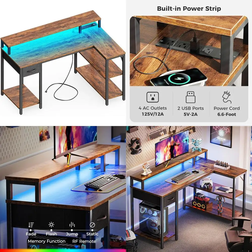 

47 Inch Reversible L-Shaped Desk with LED Lighting and Power Outlets, Computer Desk featuring Shelves and Monitor Stand, Ideal f