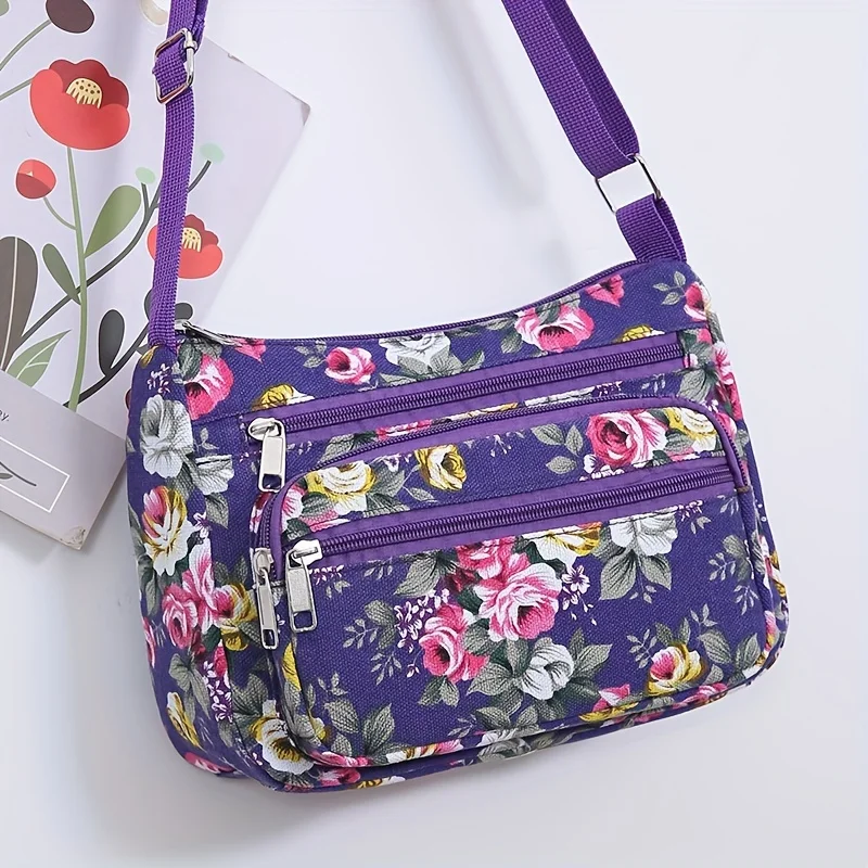 Stylish Floral Crossbody Bag, Multi Zip Casual Shoulder Purse with Adjustable Strap Wallets, for Everyday Outdoor Shoulder Bags view 3