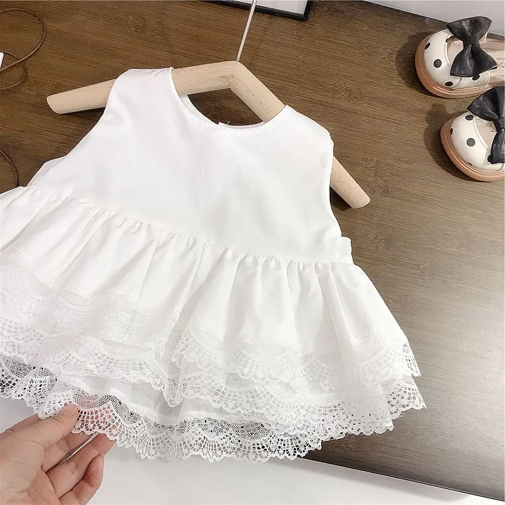 New Korean Fashion Girls Clothing Set 3-7 Year Old Round Neck Nap White Cake Skirt Top+broken Brick Wide Leg Jeans