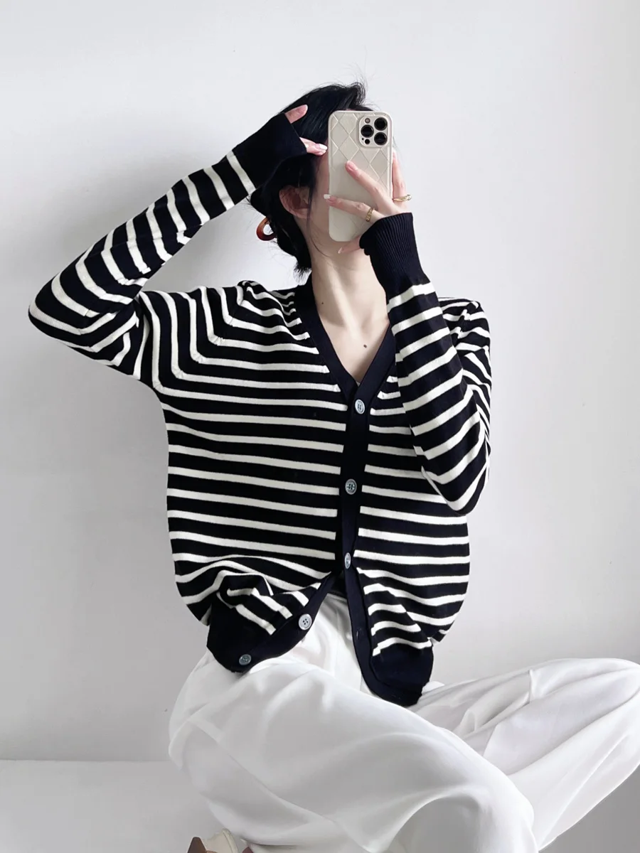 

Retro Striped Color Blo Knitted Open Cardigan Loose V-Ne Women's Sweater Thin Outerwear Autumn Winter Korean Sle Studen...