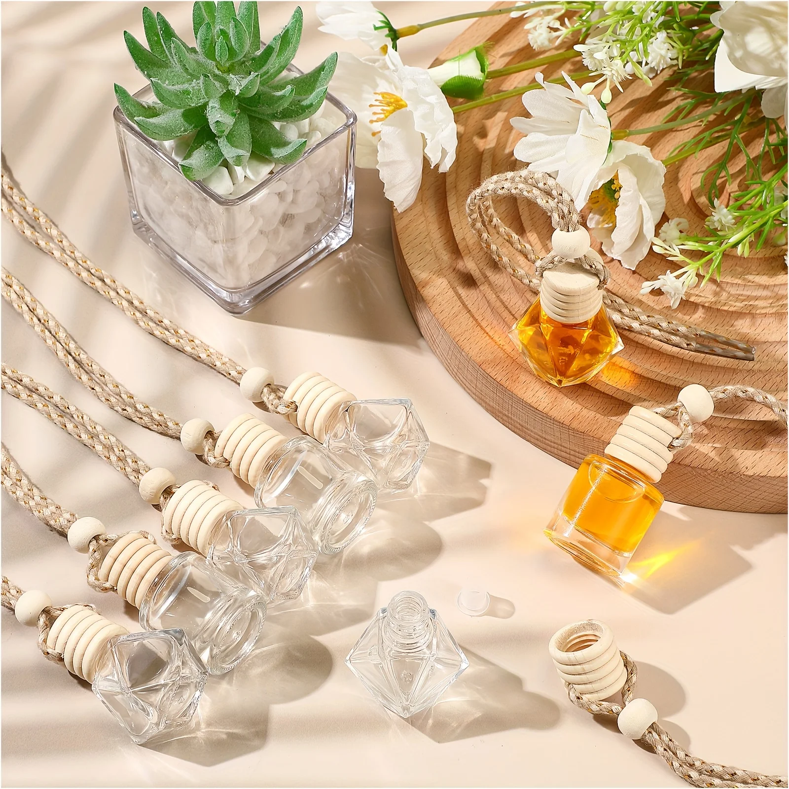 20 Stück Auto-Parfümflaschen, nachfüllbare Flaschen für ätherische Öle, Lufterfrischer, leere transparente Glas-Aromatherapie-Anhänger – Detail 4