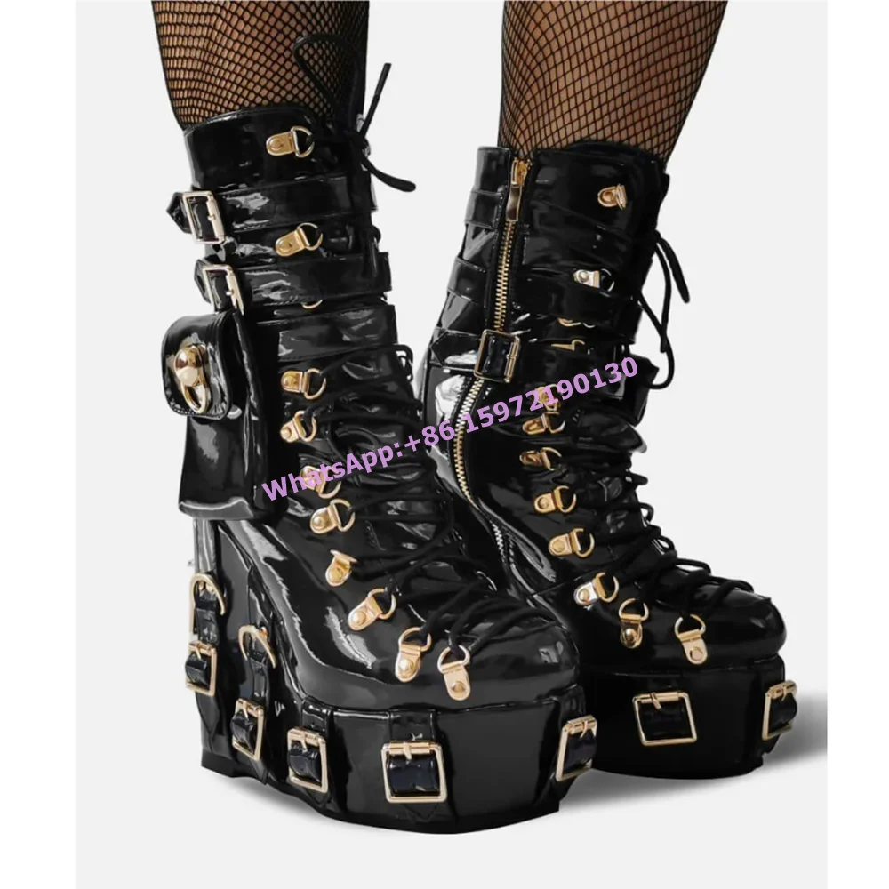 

Buckle Belt Pocket Ankle Boots Solid Rose Black Cross Tied Wedges Side Zipper Shoes Hotties Sexy Cool Gothic Luxury Shoes