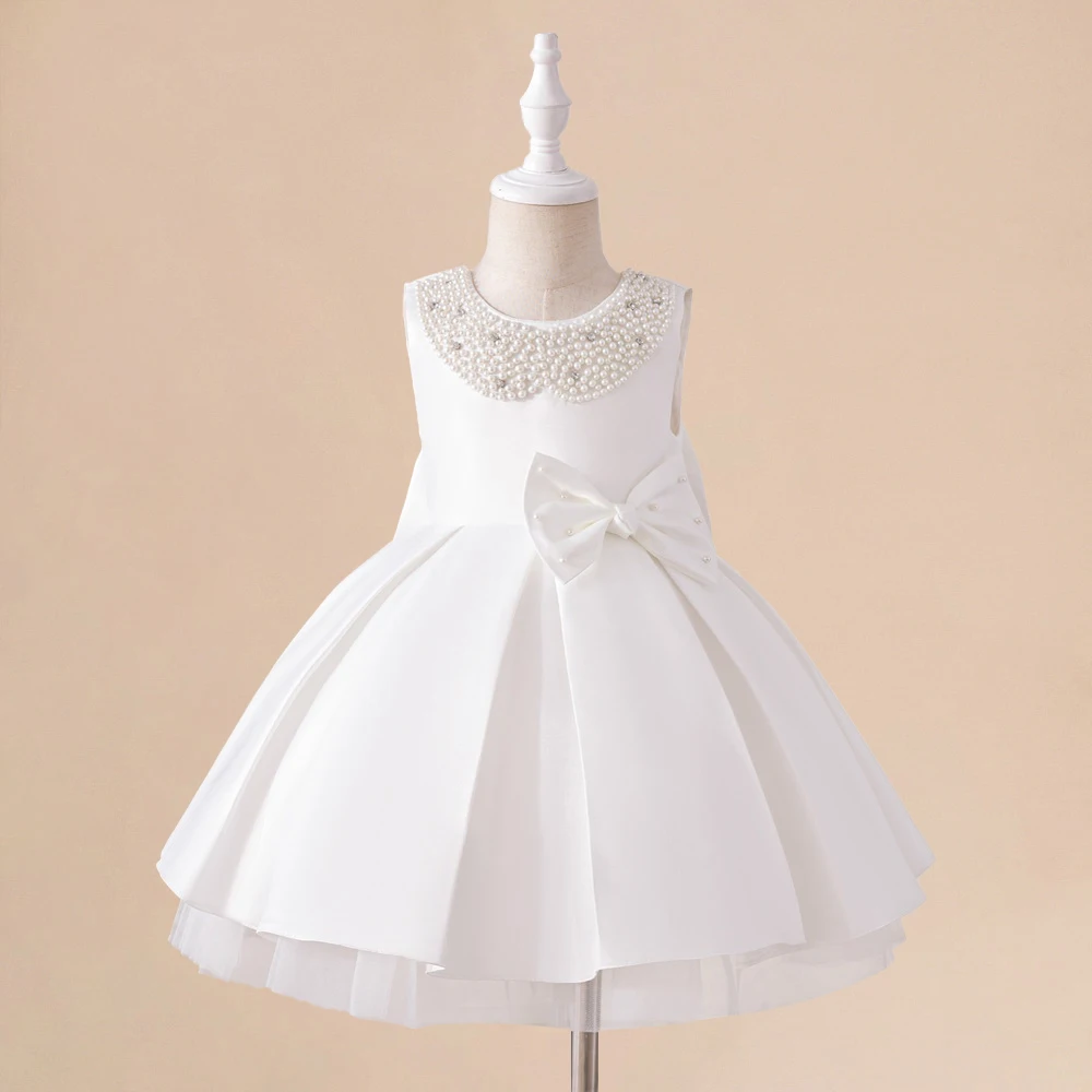 Girls Beading Princess Gown Birthday Party Dress Elegant Girl White Wedding Pleated Dresses With Bow Kids Formal Evening Costume