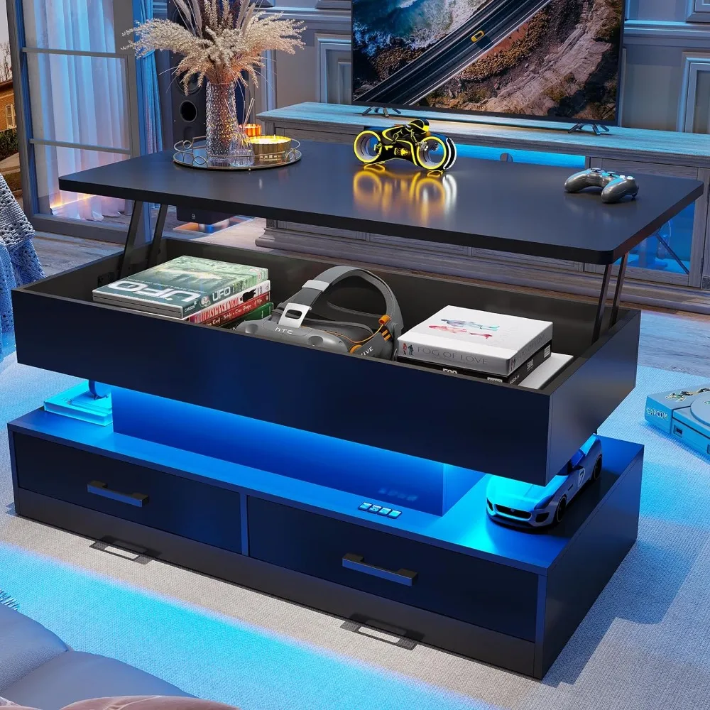 Coffee Tables 40" Lift Top, Small Coffee Table with 2 Fabric Drawers & LED Light for Dining Reception Room, Coffee Tables