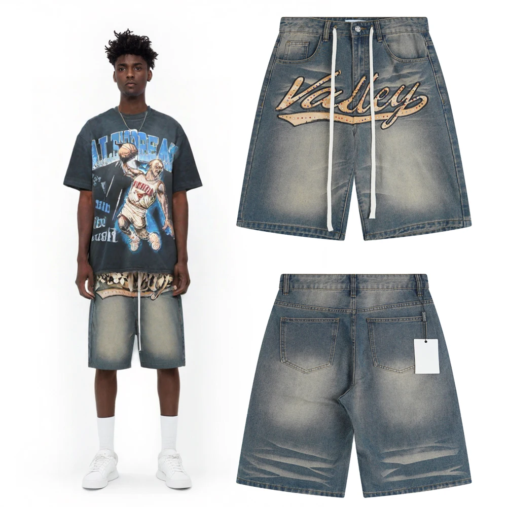 

Y2k Streetwear Clothing Men's Distressed Embroidery Denim Shorts Jeans with Rhinestone Casual Retro Vintage Jeans Shorts for Men