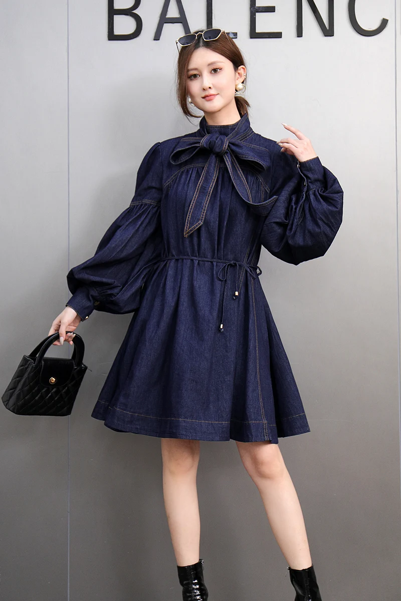 

2024 Autumn New Fashion Elegant Stand Up Collar Bow Loose A-Line Dress Women Lantern Sleeve Dress Female Wholesale J630