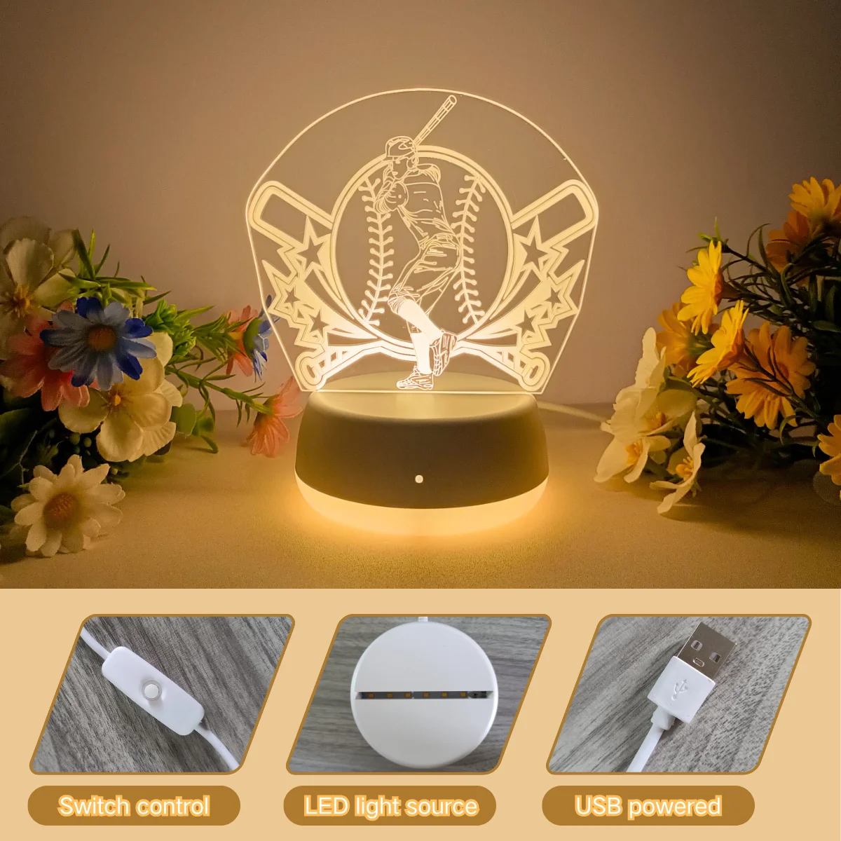 1 قطعة ضوء ليلي ثلاثي الأبعاد على شكل بيسبول، ضوء ليلي على طراز رياضي حيوي، ضوء ديكور منزلي، مصدر طاقة USB، تحكم في التبديل