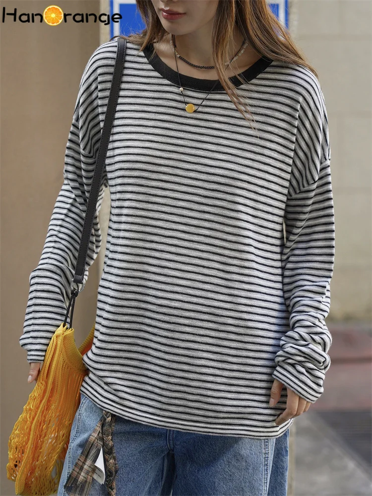 

HanOrange 2025 Early Autumn Lazy Relaxation Striped Knitted Sweater Women Comfortable Knitting Top Blue/Black