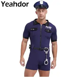 Mens Dirty Cop Officer Policeman Cosplay Sets Short Sleeve Jumpsuit with Belt Purse Hat Cuffs Role Play Themed Party Costume