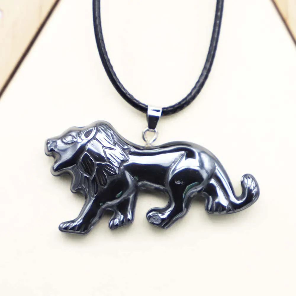 

Nature Stones Hematite Carve Lion Necklace Pendants Black Leather Rope Lobster Buckle Fashion Jewelry Accessories Wholesale 8Pcs