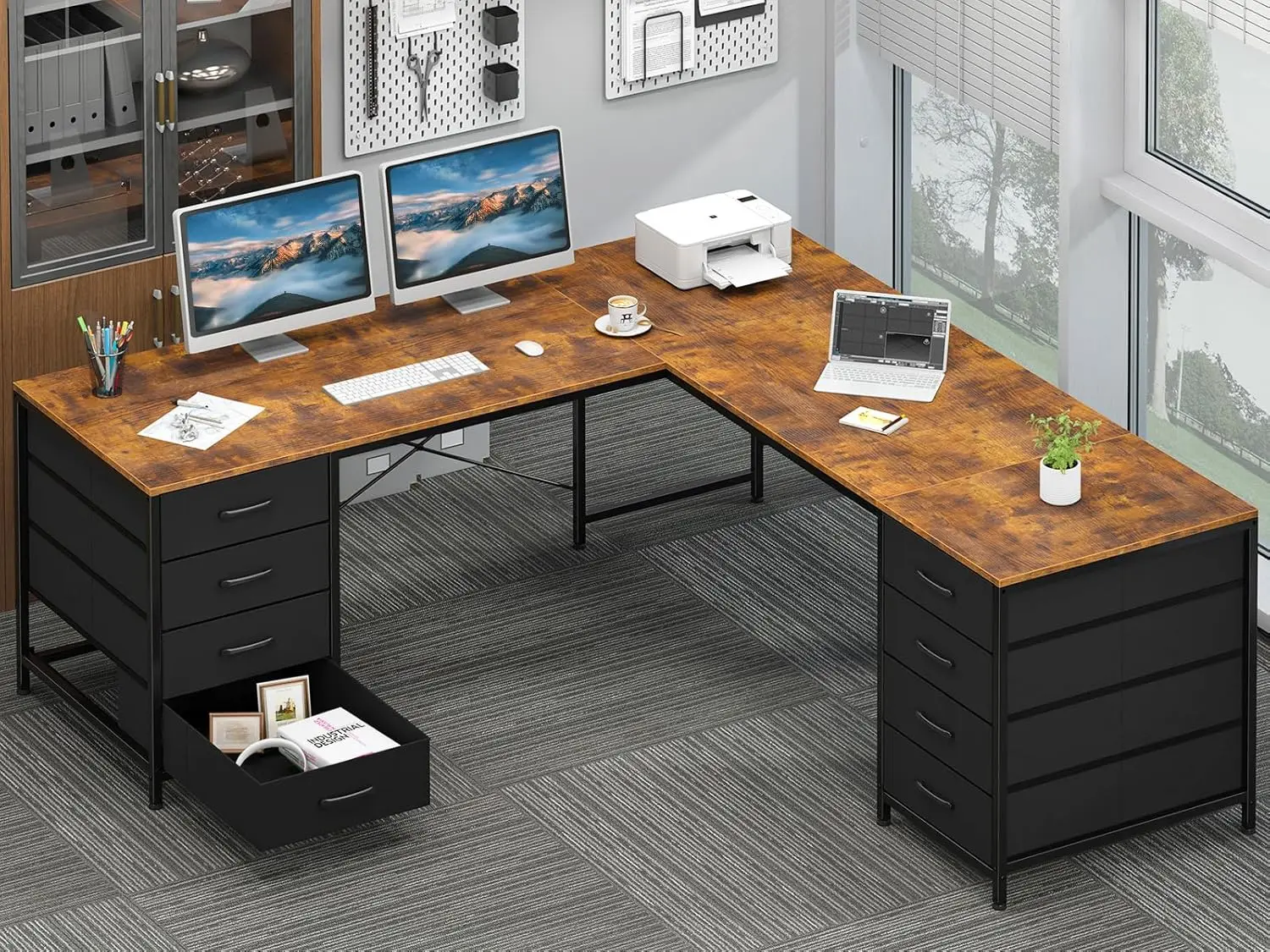 

L Shaped Computer Desk with 8 Drawers, Writing Desk with Large Storage for Home Office, Corner Gaming Desk (Rustic Brown)