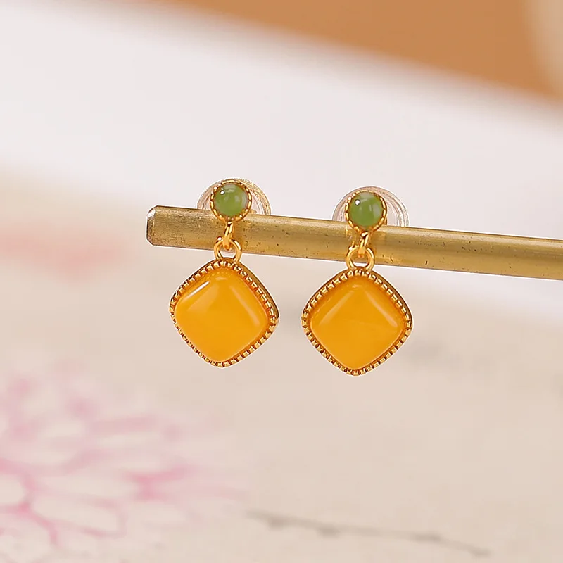 S925 Sterling Gold-Plated Red Agate Amber Rhombus Earrings Elegant Square Silver Ear Jewelry 3