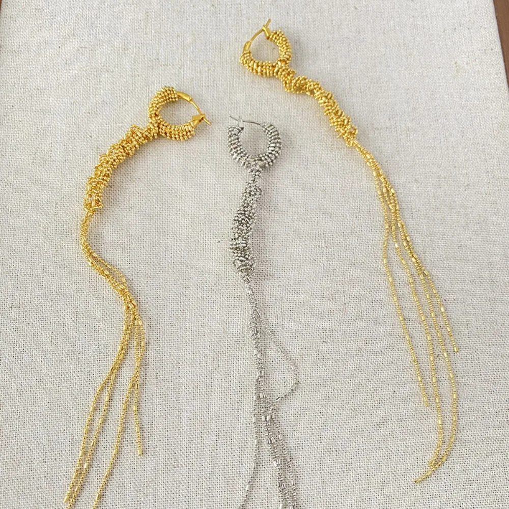 New Fashion Retro Long Tassel Atmospheric Hand-woven Earrings Copper Gold-plated Temperament Versatile High-end Necklace Sets