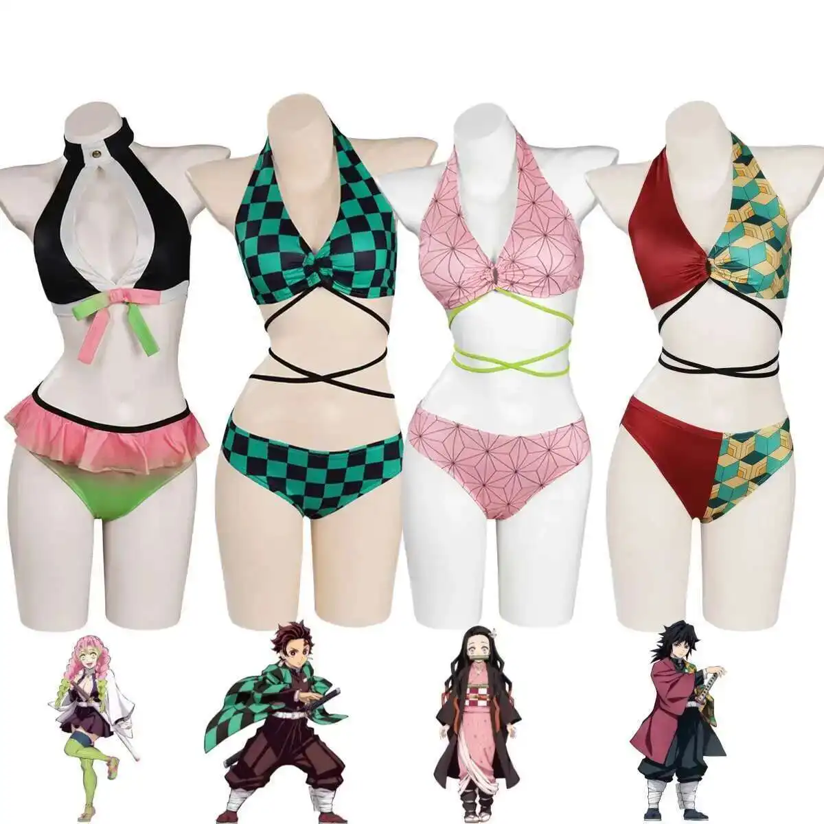 

Anime Kamado Tanjirou Kamado Nezuko Tomioka Giyuu Kanroji Mitsuri Cosplay Costume Summer Day Swimsuit Woman Sexy Bikini Suit