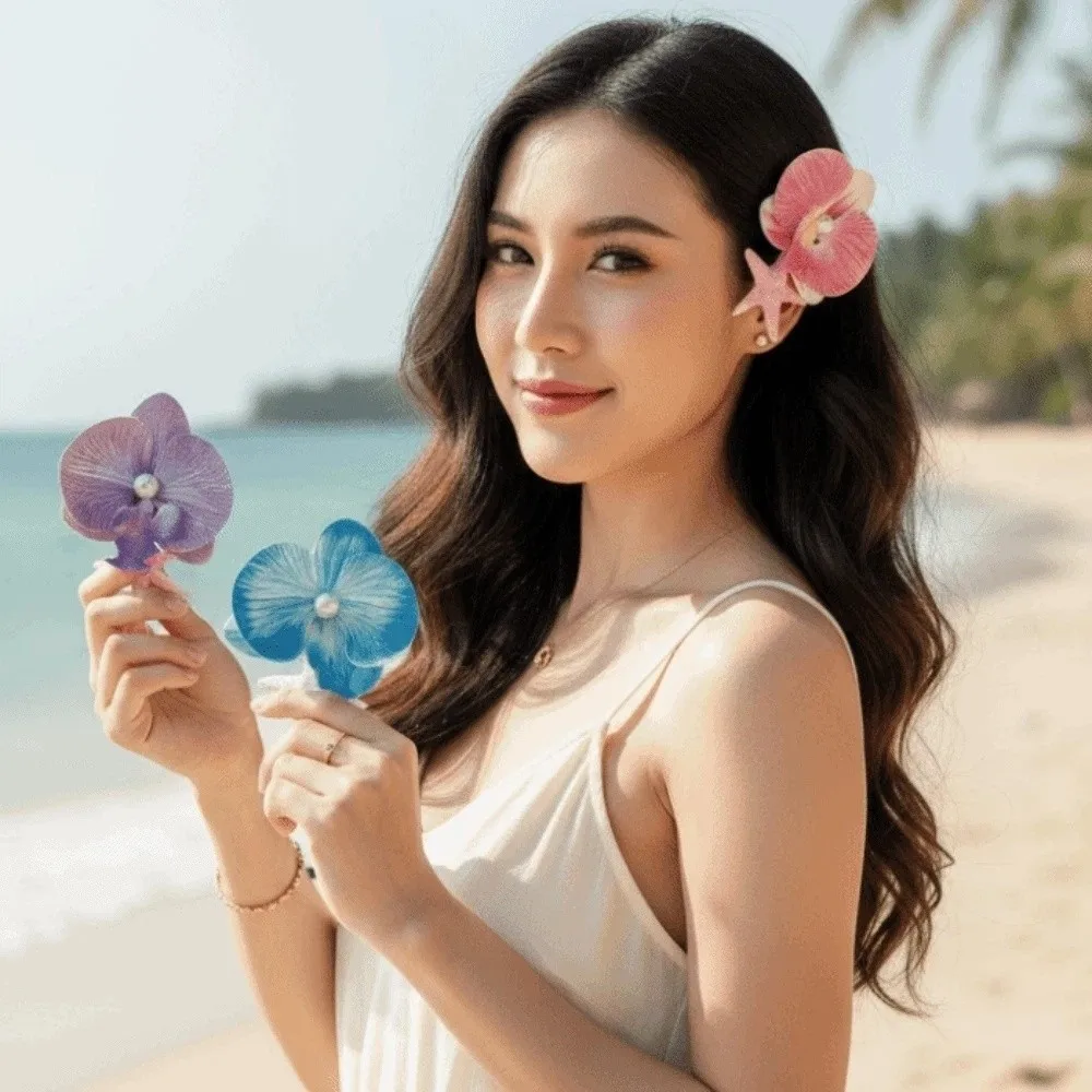 

Набор из 5 заколок для волос: милые орхидеи-бабочки, серия «Океан» (морские звезды, цветы), заколки с жемчугом, боковые заколки с орхидеями-фаленопсисами