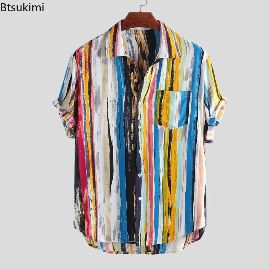 Summer Men\'s Short Sleeve Cotton Shirts Street Style Men Casual Holiday Tops Trend Striped Print Loose Beach Shirts Male Blouses