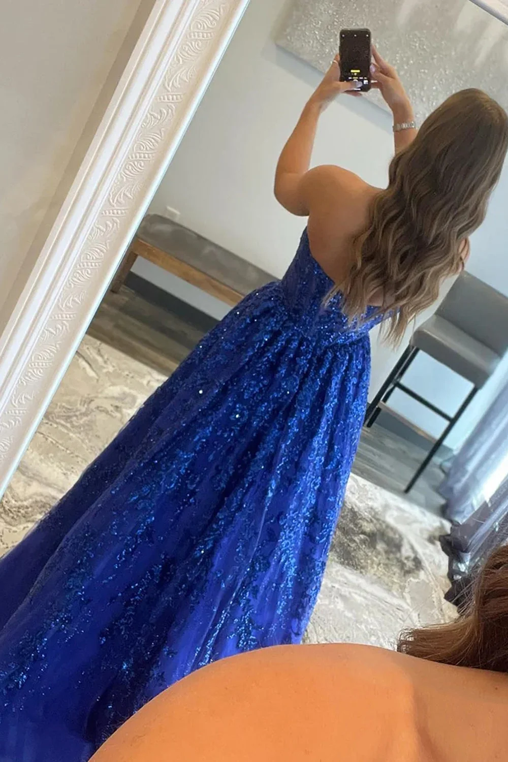 Strapless Bra Sapphire Blue Formal Ball Pleated Gowns 2023 Luxury Lace Embroidery A-line Vest Women's Cocktail Evening Dress