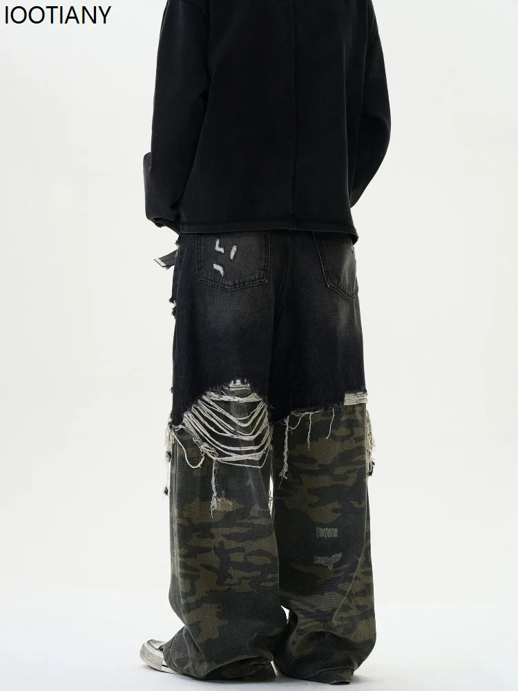 Vintage Camouflage Stitching Women's Jeans Y2k Ripped Washed Wide-leg American Jeans Loose Grunge High Street Wide-leg Pants
