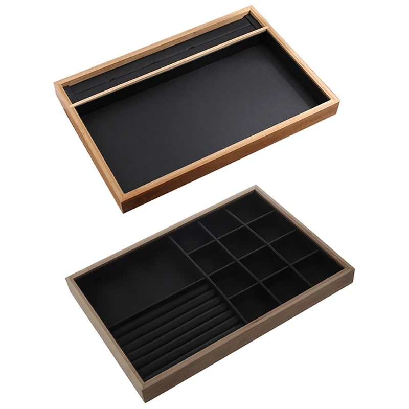 

2 Pcs Bamboo Wood Jewelry Display Jewellery Tray Ring Holder Necklaces Organizer Bracelets Showcase Pendants Box Black