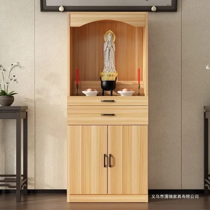 New Chinese Style Wooden Buddhist Altar Table with Door Cabinet for Guan Gong Buddha Statue Home Worship Shrine Furniture