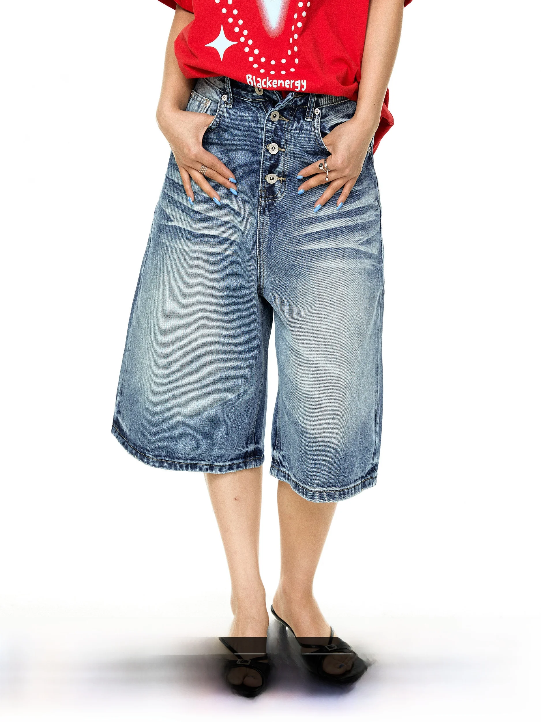 Retro Washed  Jeans Women's Loose Slimming Blue Shorts Seven-Five Pants Cotton Natural Waist Button Closure Wide Leg