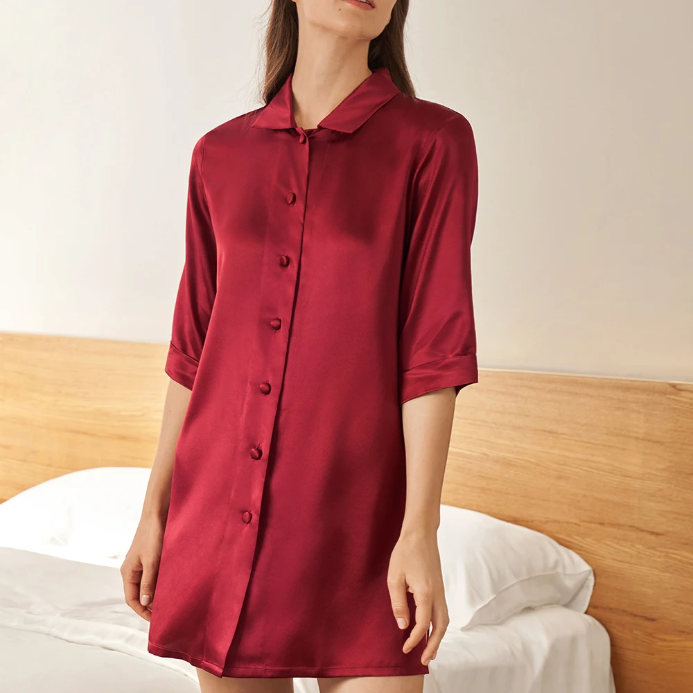 LILYSILK Silk Nightgown Women Sleepwear Chemises Shirt Dress 22 momme 3/4 Sleeve Button Mini Nightshirt Female Sexy Luxury