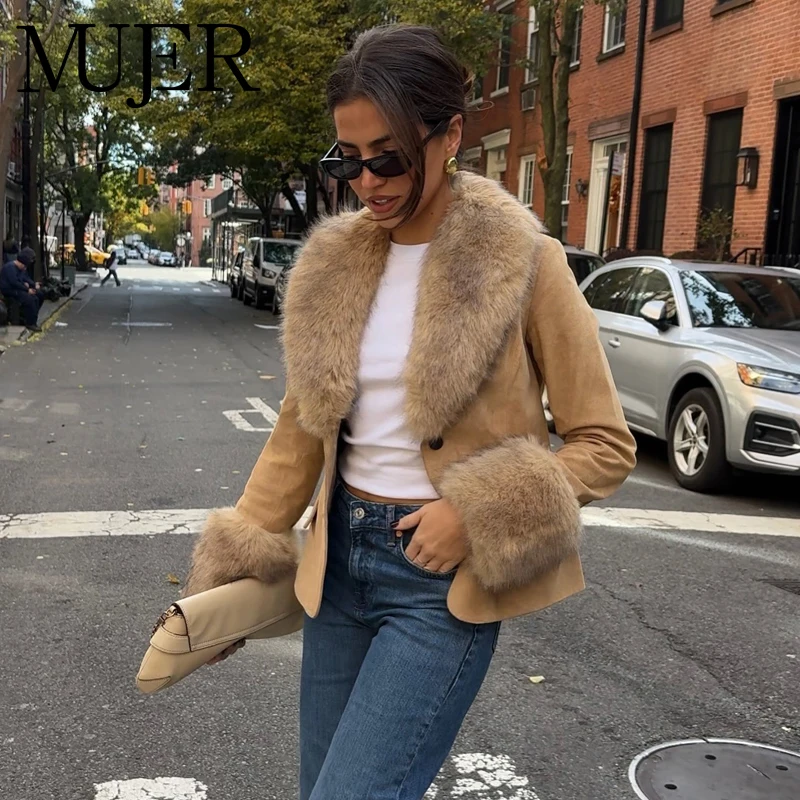 

MUJER Faux Fur Leather Blazer for Women Faux Suede Luxury Women's Blazers Coats Office Fitted Jacket Woman Winter Outerwears